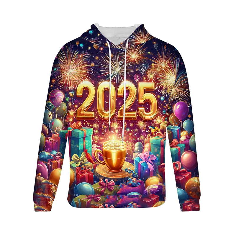 New Year Graphic Hoodie For Men Drawstring 3D Printed Firework Hooded Sweatshirt Festival Long Sleeve Loose Pullovers Tops