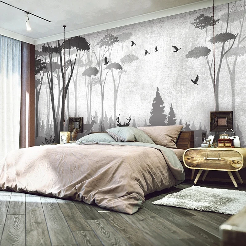 Custom 3D Wallpaper Nordic Abstract Black and White Forest Elk  Mural Living Room Bedroom Background Photo Wall 3D Papel Tapiz