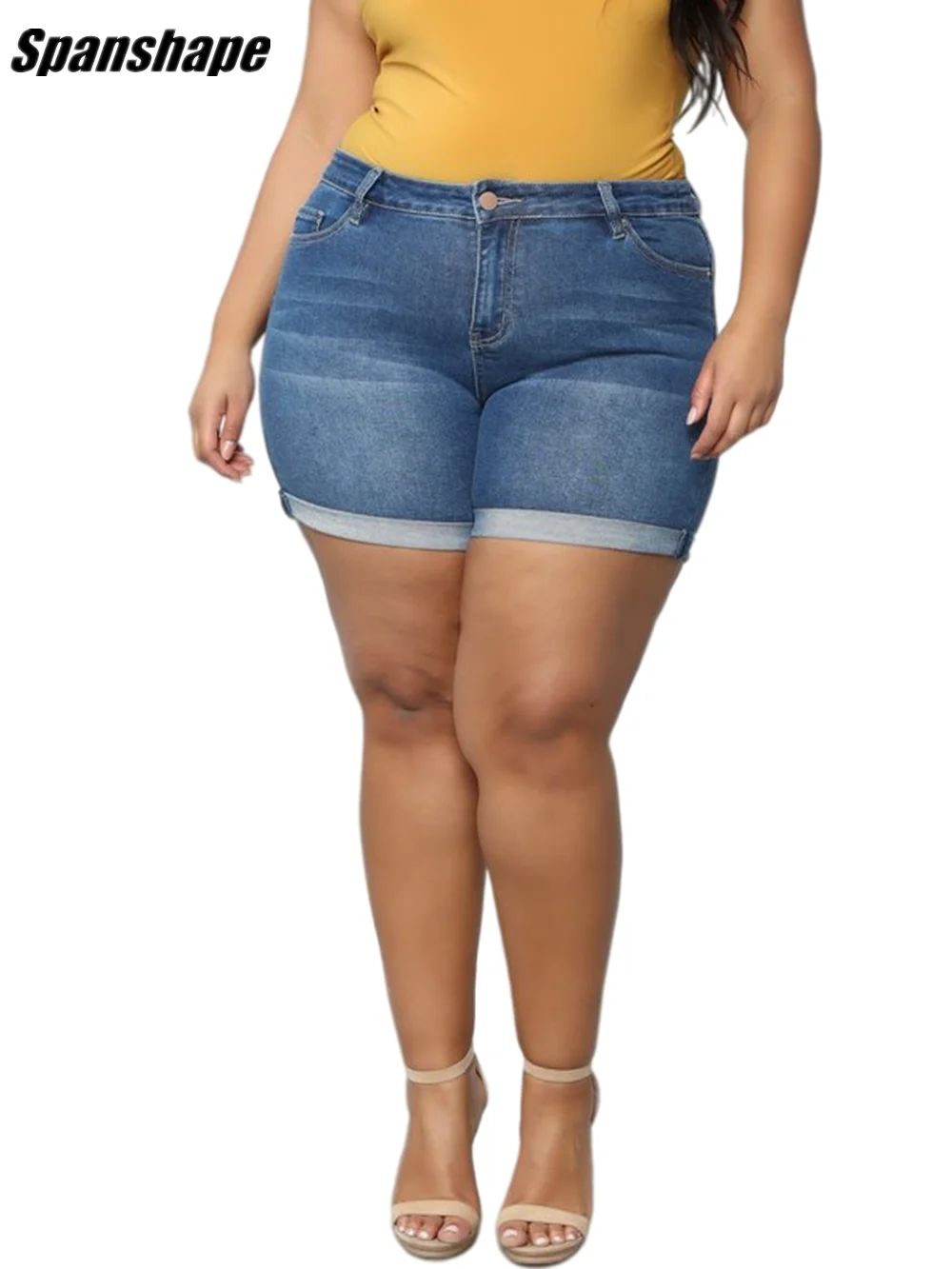 Pantalones cortos de mezclilla para mujer, Shorts de cintura alta, elásticos, talla grande 5XL, ouc1043