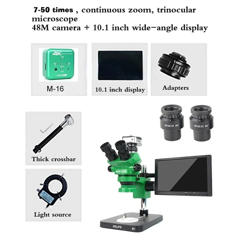 RELIFE RL-M5T 7-50x Continuous Zoom Trinocular Microscope for Mobile Phone Motherboard Pcb Welding, Jewelry Identification