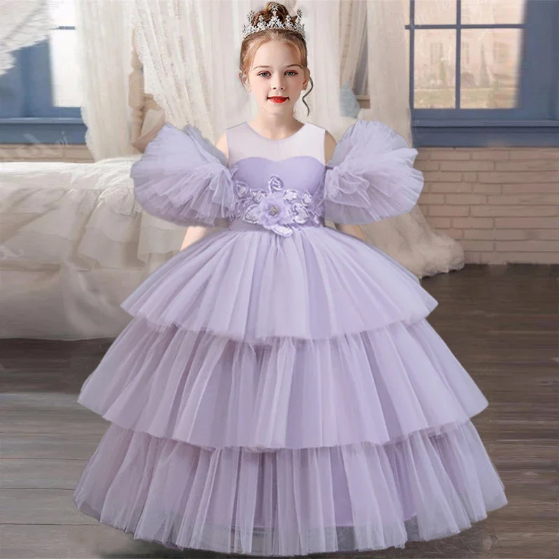 Vestido de noite para meninas, performance de piano, banquete de alta qualidade, 4-12 anos, novo vestido para meninas, flor, tule fofo, bolo