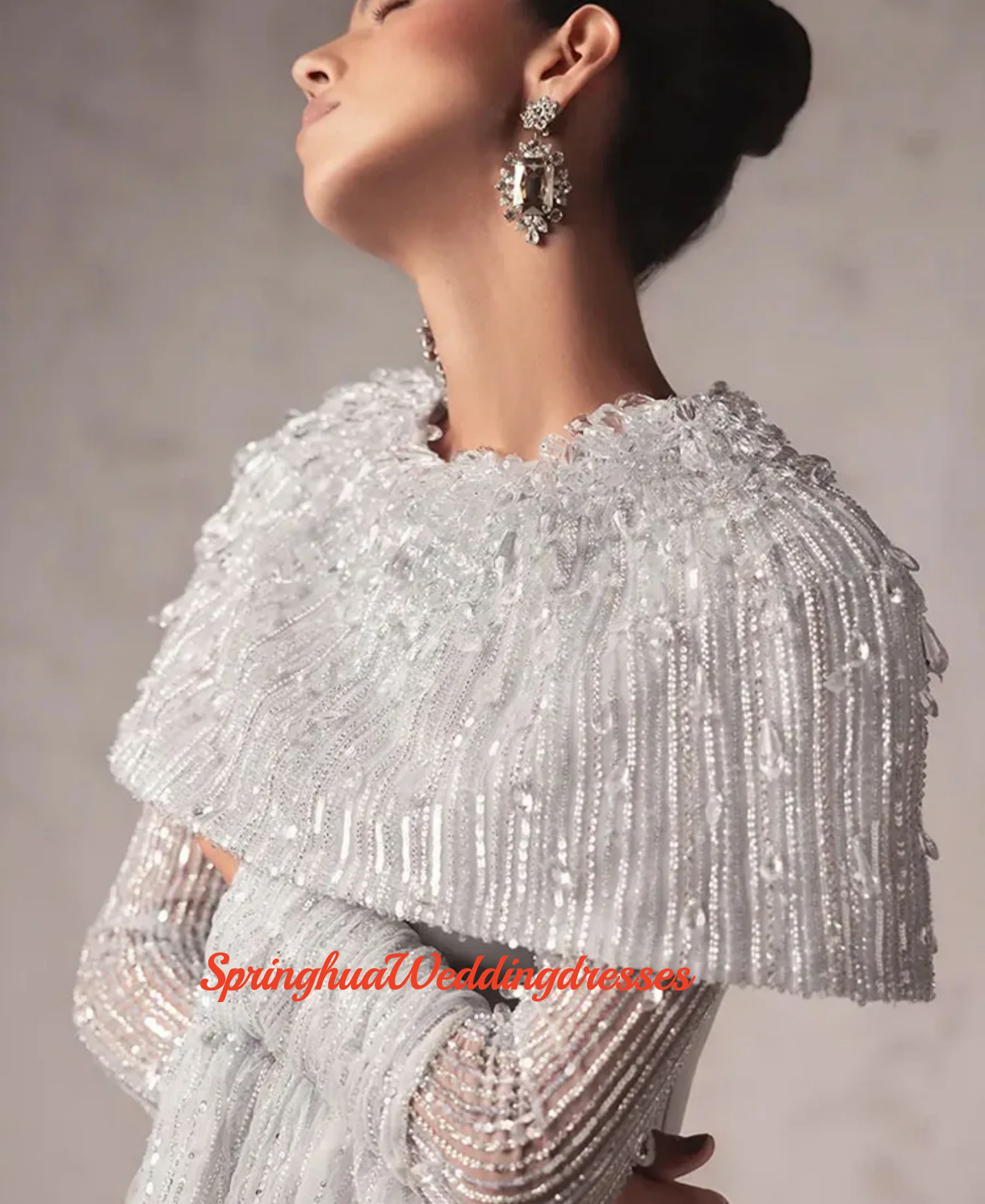 Customized Two Pieces Crystal Satin Mermaid Crew Neck Straight Satin Evening Dress Classic Long Sleeves Dresses