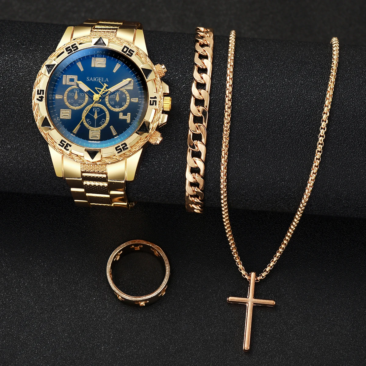 4PCS/Set Men's Watch Set Fashion Handsome Men's Hip Hop Style Business Quartz Watch with Bracelet, Necklace, Ring Set