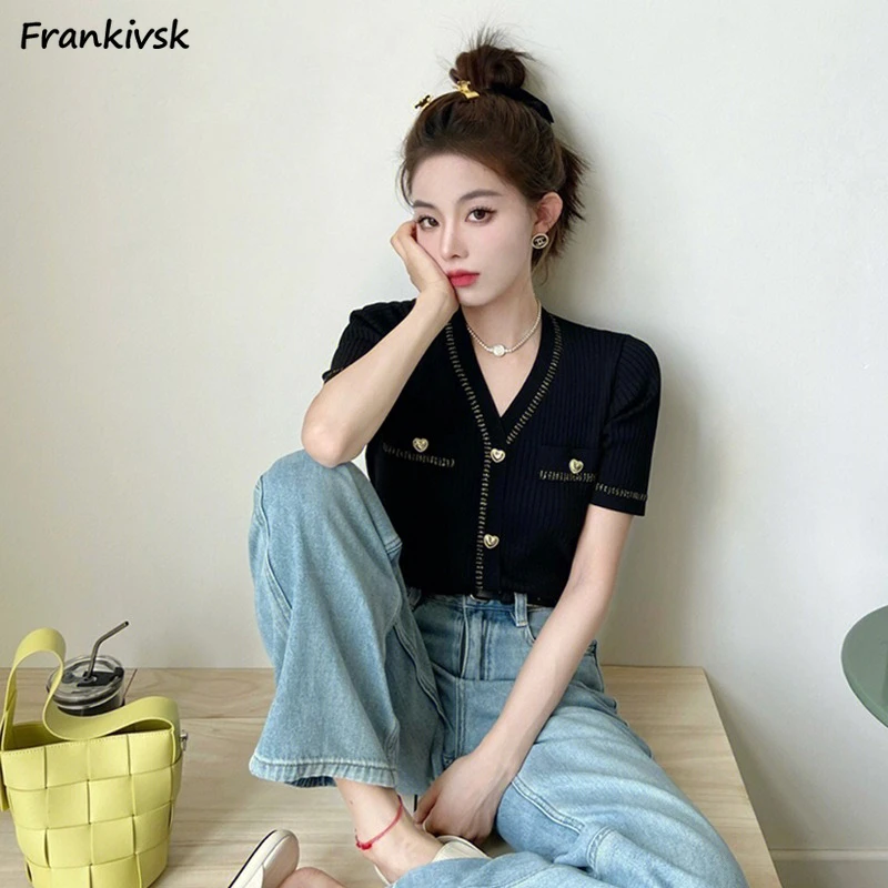 

V-neck Summer Cardigan for Women Elegant Noble Delicate Korean Style Button Short Sleeve Vintage Temperament Slim All-match Tee