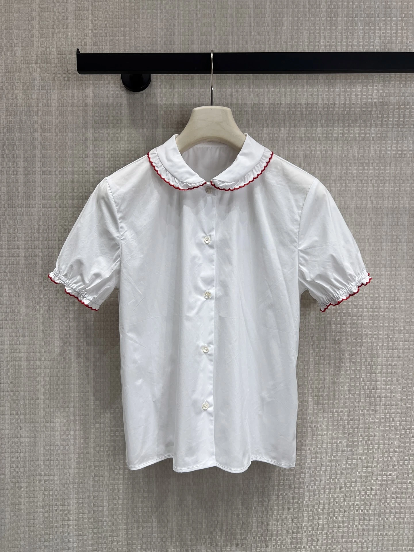 

White Doll Collar Shirt Women's Red Color Block Cotton Casual Slimming Versatile College Style Moisture Wicking Short Sl...