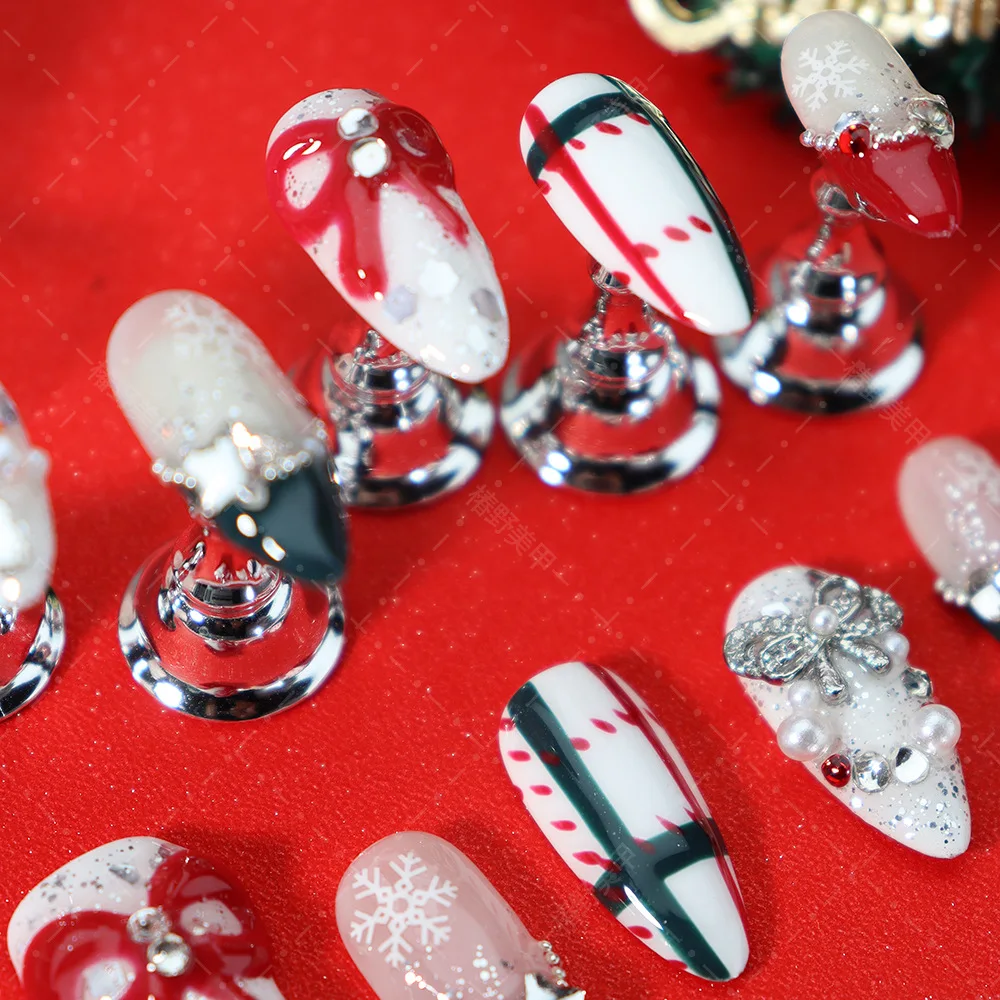 Faux ongles à pression française à carreaux noirs et rouges, paillettes flash, nœuds papillon, perle, diamant, décor fait à la main, Noël, amande, N64.10 pièces