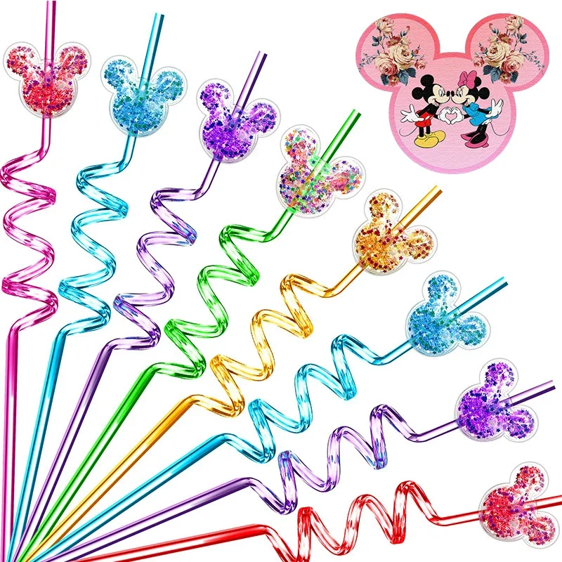 Disney Mickey Mouse Straws Sequins Decoration Anime Minnie Children Party Straws Drinkware Kitchenware Kids Birthday Tableware