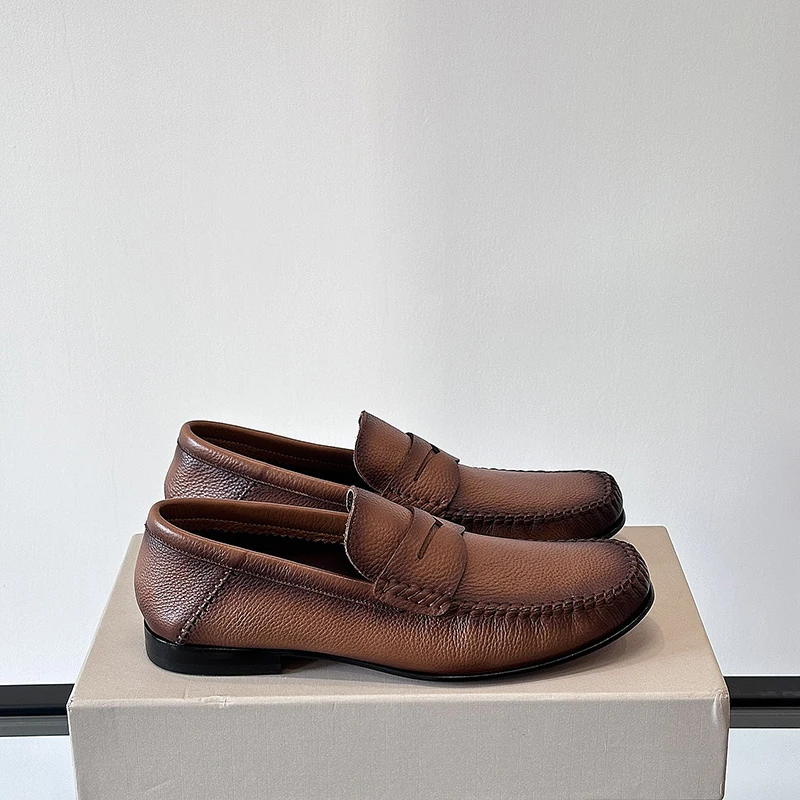 

Italian Leather Men's Formal Shoes, Business Leather Shoes, Cozy Wooden Slip-On Shoes Classic Square Head Banquet Gentleman Wear