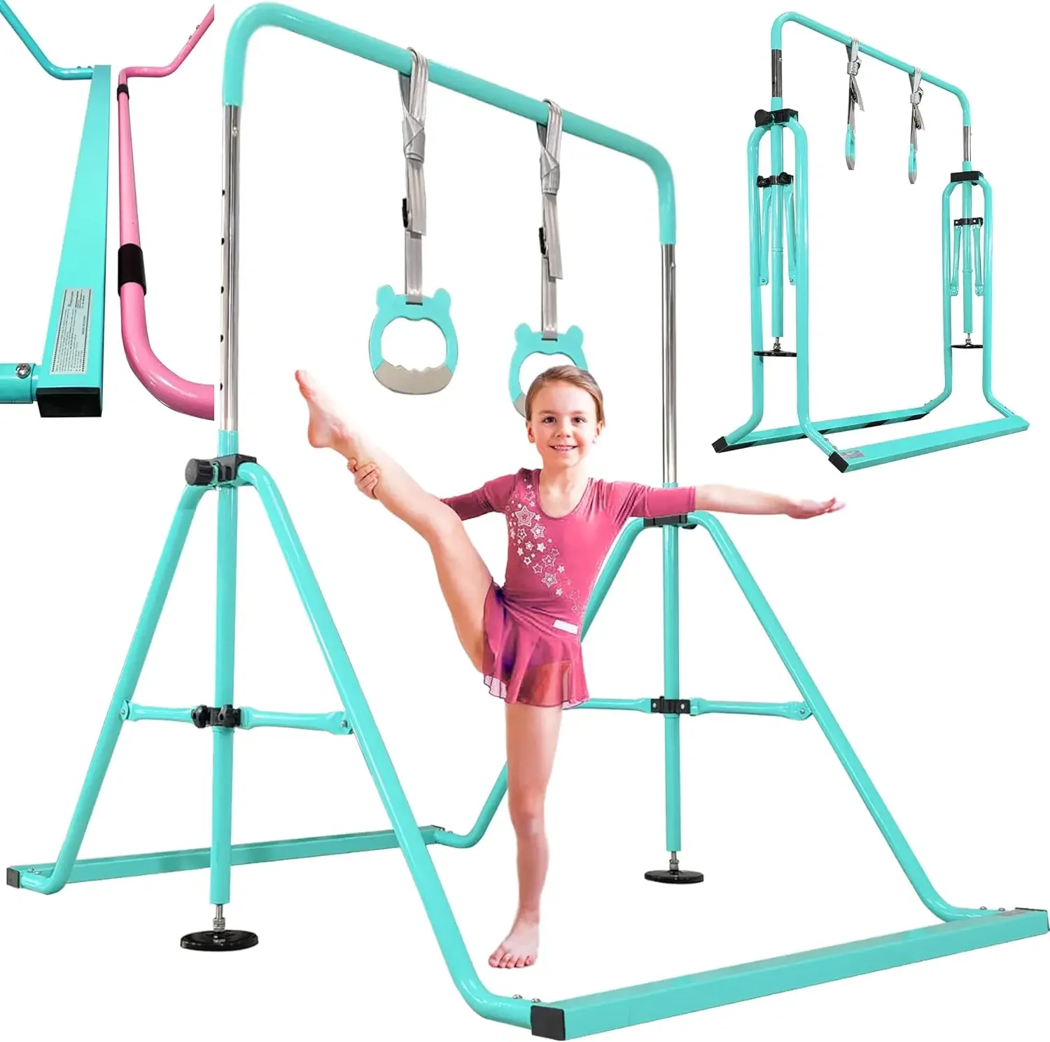 Updated Folding Gymnastics Bar with Rings, Foldable Kip Bar with Sturdier Base, Gymnasitc Training Bar for Kids Age