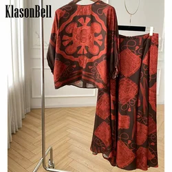 8.17 KasonBell Women Clothes Elegant Vintage Print O-Neck Long Sleeve Pullover Blouse Or High Waist Long Skirt Silk Set