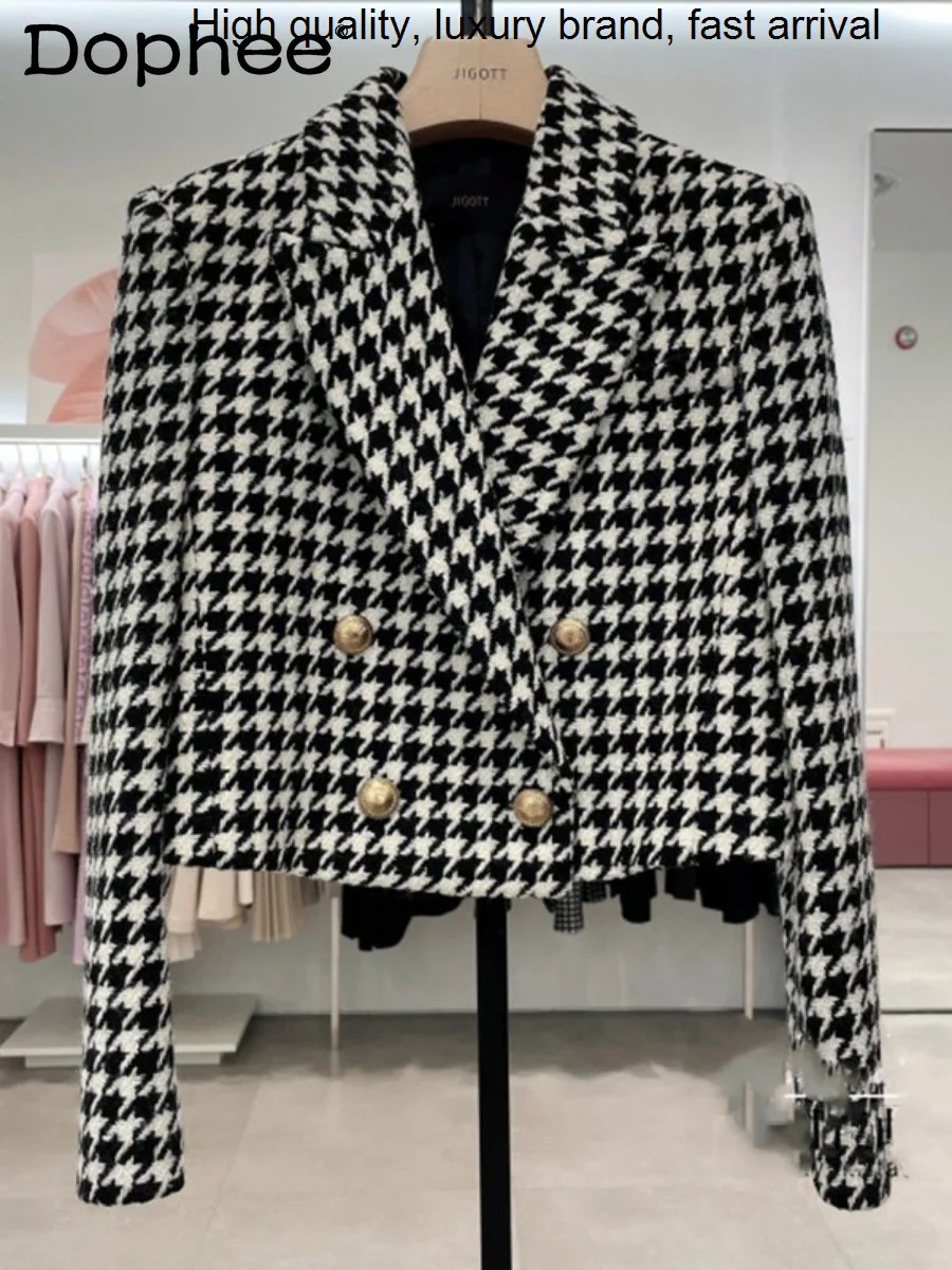 

Winter New Autumn Popular Korean Slim Houndstooth Woolen Coat Women Retro Plaid Elegant Lapel Double Breasted Short Wool Jacket
