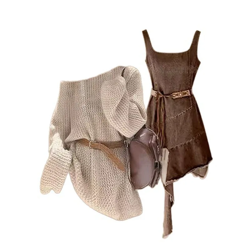 

Autumn Travel Set with Women's Atmosphere Knitted Cover and Maillard Camisole Skirt Two-piece Settracksuit Women Two Piece Set