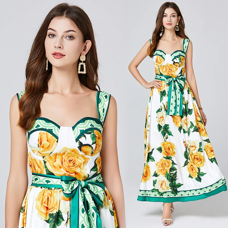 Runway Designer Holiday Print Dresses For Women Straps Sundress Belt Floral Pleated Long Maxi Beach Wear Prom Vestidos