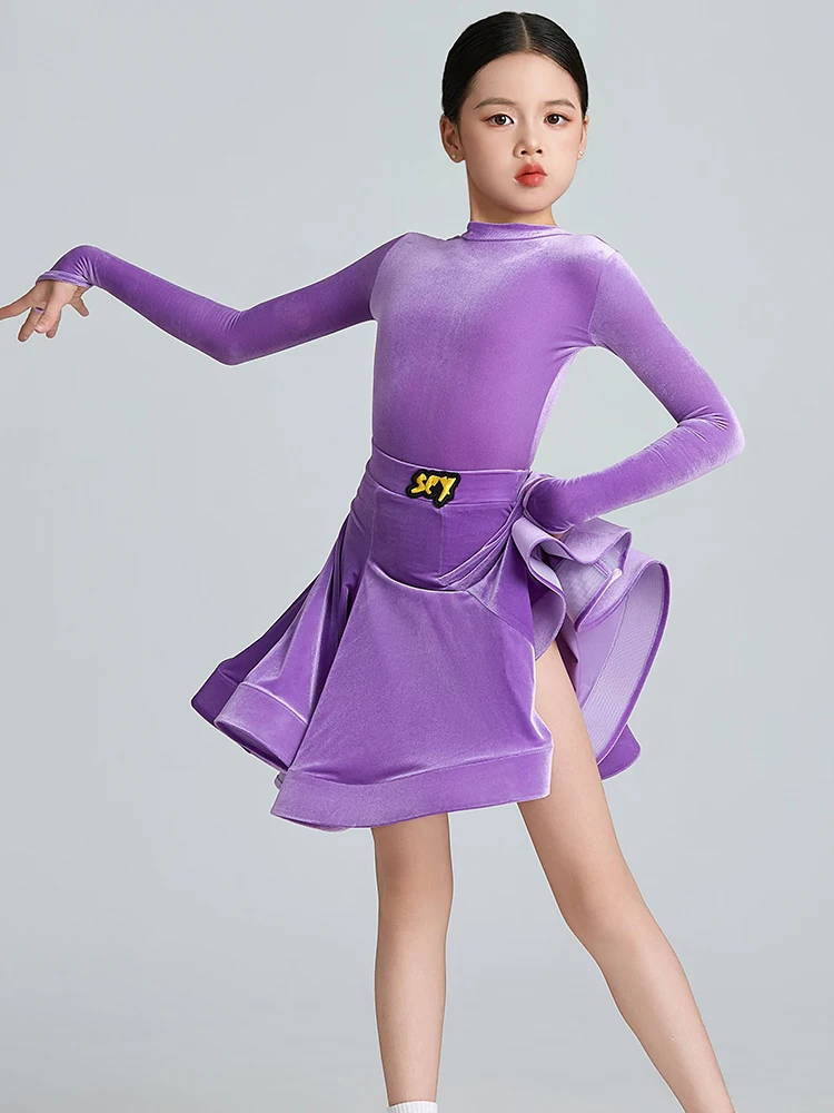 فستان مسابقة احترافي للرقص اللاتيني للفتيات بأكمام طويلة فستان مخملي للأطفال فستان رقص تشا تشا ملابس الممارسة