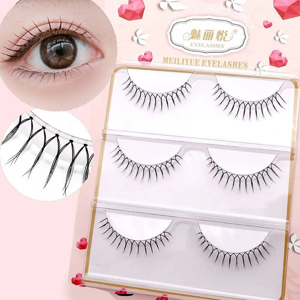 3 Pairs Korean False Eyelashes U Shaped Lashes Extension Makeup Tool Soft Natural Thin Transparent Stem Cross Fake Eyelashes