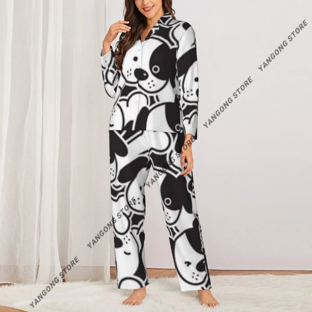 Spring and Autumn Long Sleeve Pants Pajamas Loungewear Set Dog Bone Women's Pull Edge Loose Sleeping Suit