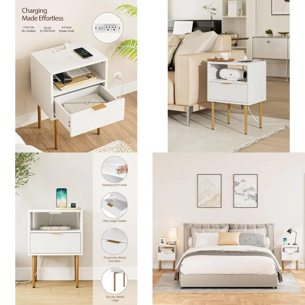 

Современная прикроватная тумбочка с зарядной станцией, белая тумбочка с золотой рамкой, приставной столик для хранения вещей для спальни и гостиной