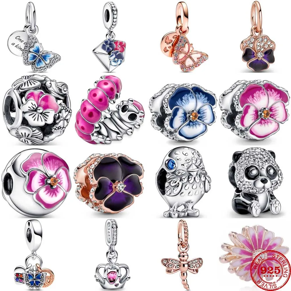 

New 925 Sterling Silver Spring Butterflies Colorful Flowers Dangle Charms Bead DIY Fit Original Pandora Bracelet Fashion Jewelry