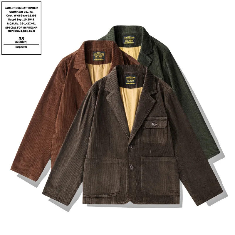 

Retro Thi Corduroy Casual Workwear Jaet Pure Color West Single Outerwear Long Sve Winter Youth Japanese Retro Sle