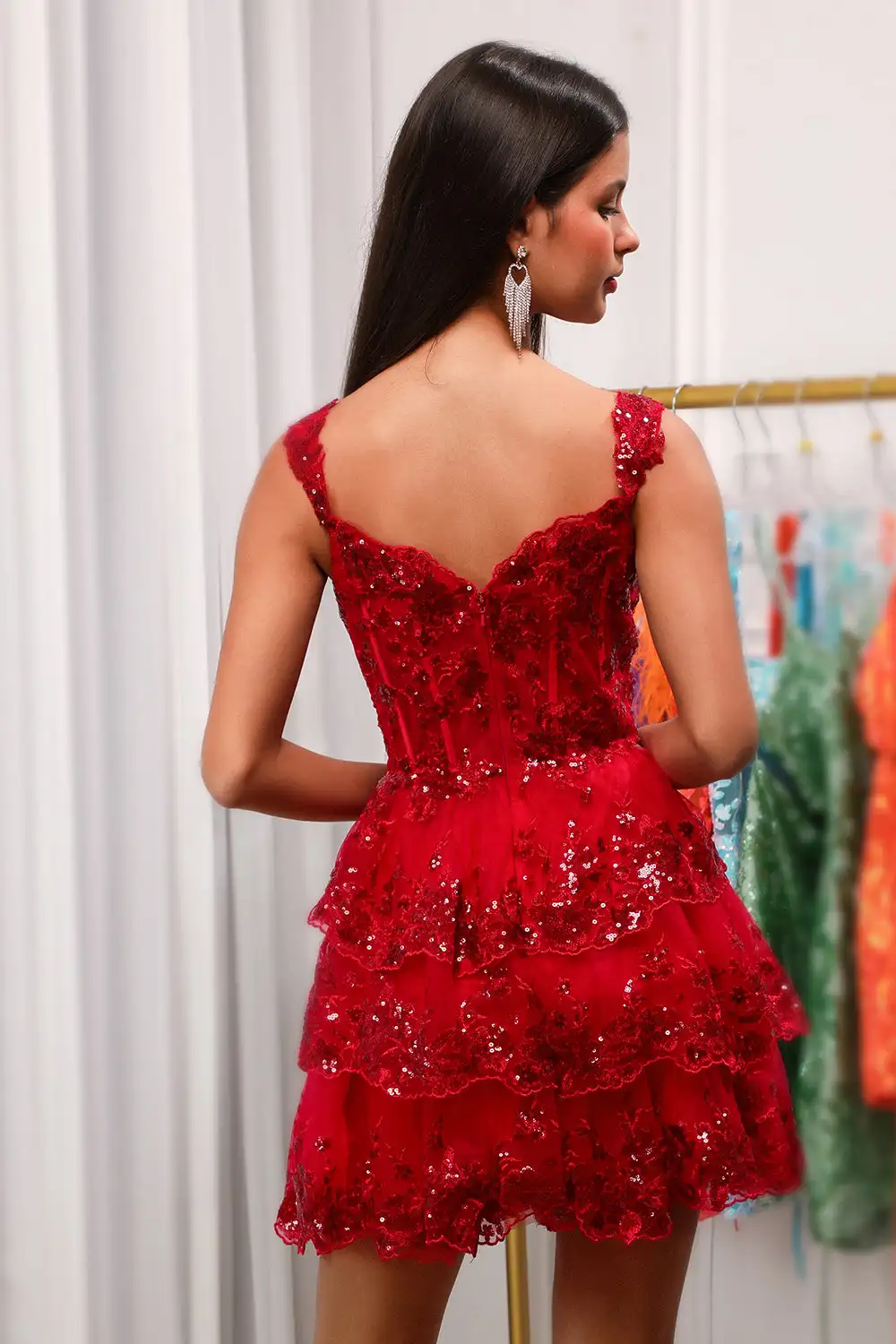 Vestido corto de fiesta con lentejuelas y hombros descubiertos, con encaje, corsé rojo brillante, vestidos de fiesta de cóctel, vestido de fiesta con forma de corazón