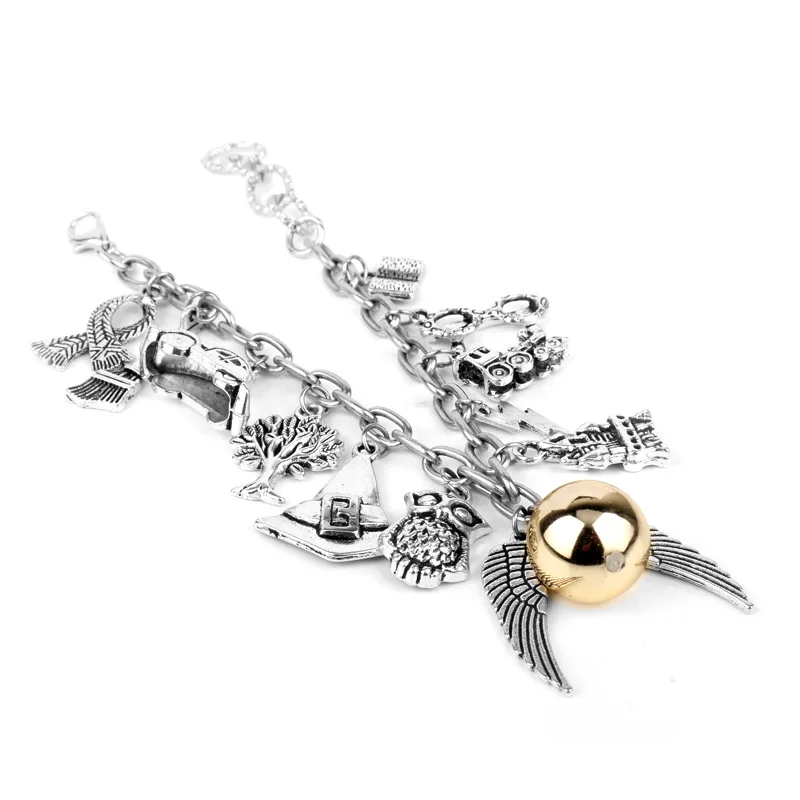 Pulsera escolar de magia de película para mujer, sombrero de búho dorado, colgante de escoba para coche, joyería, pulseras de aleación, juguetes de regalo