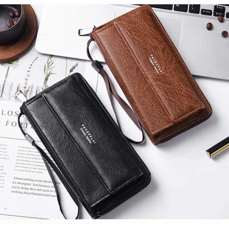 Classic Men's Double Layer Faux Leather Wallet with Snap Closure Zippered Card Holder And Photo Compartment Color Block Design