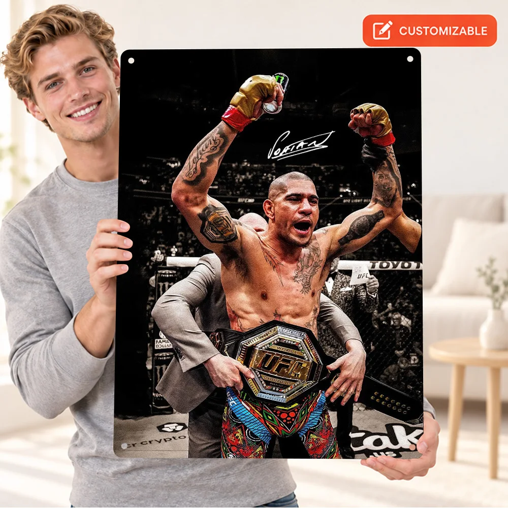 Alex Pereira Raised Arms Textured Metal Poster Customized Aluminum Sign Championship Belt Graphic Wall Art For Training Room