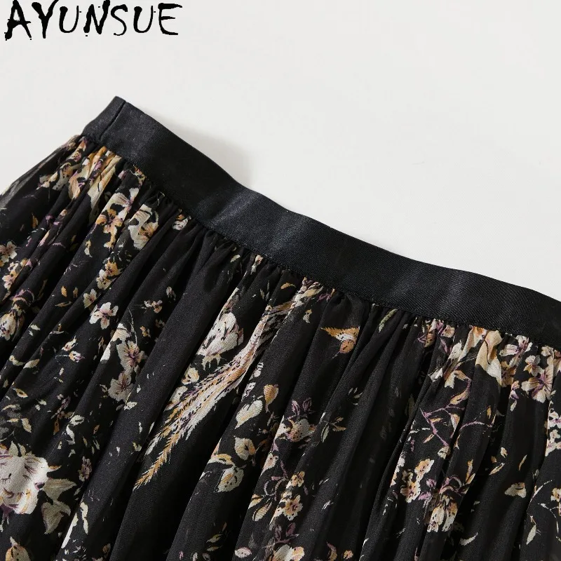 AYUNSUE 100% Silk Women's Skirts Stylish Long Skirts for Women Vacation Black Skirt Flowing Beach Dress 2026 Woman Clothes Юбка