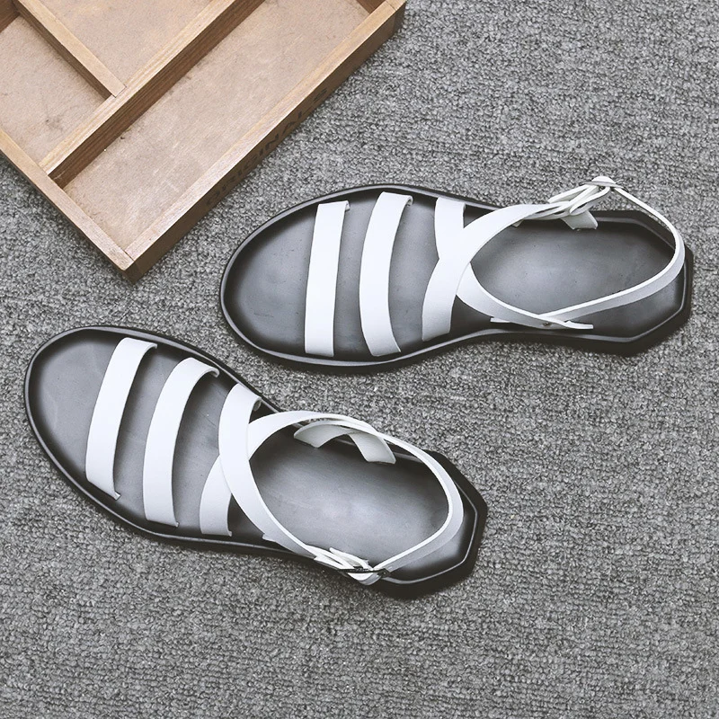 Summer Mens Sandals Leather Men Shoes Flat Beach Sandals Male Black White Shoes Soft Comfortable A1151