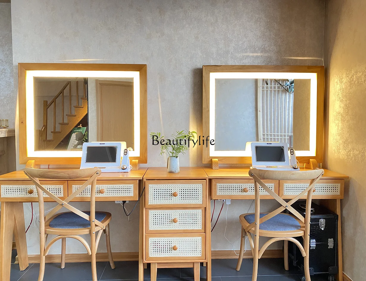 Modern New Chinese Photo Studio Wedding Photography Shop Solid Wood Dressing Table with Lights