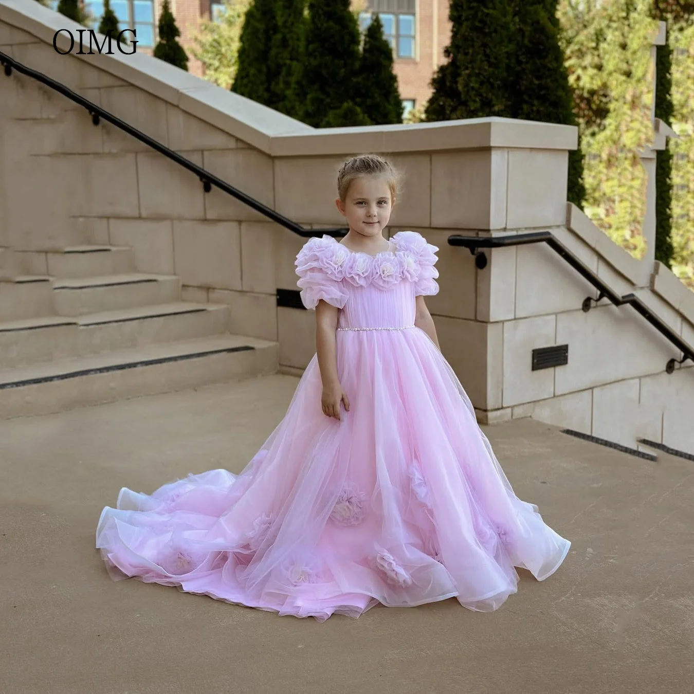 

OIMG Sweet Pink A Line Flower Girl Dresses Appliques Pearl Belt Wedding Party Dress Princess Big Tail Birthday Dress Customized