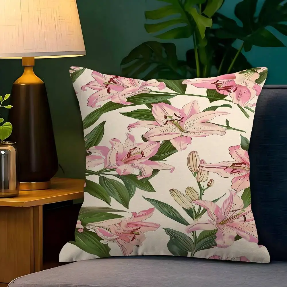

Pink Lilies Cushion Cover Inches Farmhouse Decor Home Throw Pillow Covers For Couch Decorations