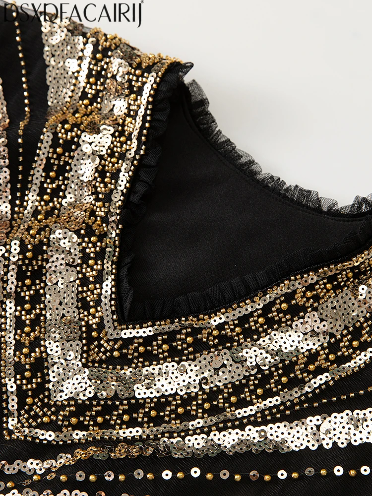 DSXDFACAIRIJ Damen-Maxikleider mit V-Ausschnitt, Fledermausärmeln, Position, Pailletten, Perlenstickerei, bestickt, High Street Mesh-Maxikleider, Herbst, Damen