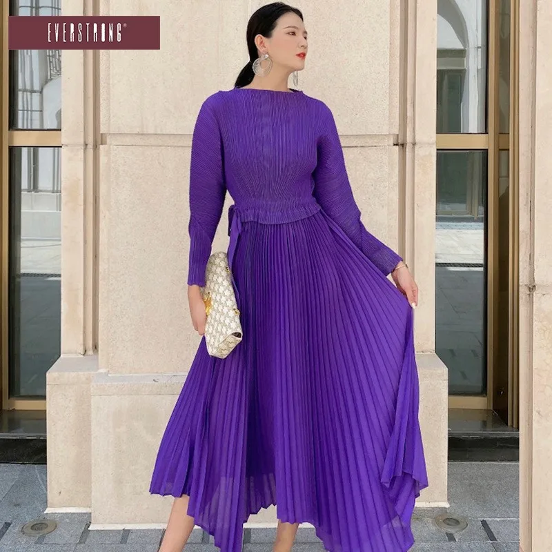 

Ele Korean Sle Pleated Midi Dr round Ne Slimming Skirt Polyester Nylon Cosite Fiber Loose Waist Busin Home