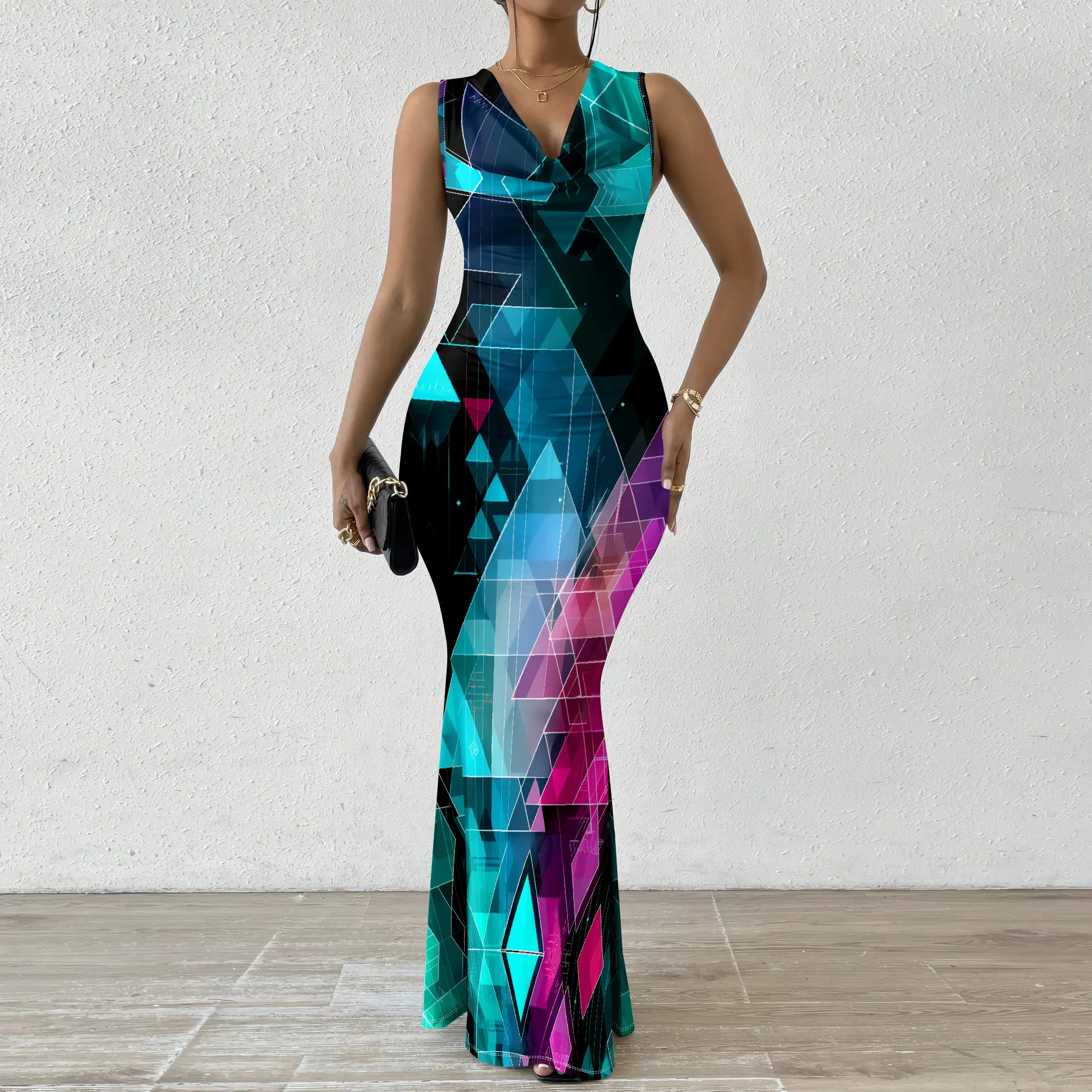 

Digital Geometric Print Maxi Dress XS-2XL Sleeveless V-Neck Mermaid Style for Tech Party, Music Festival or Nightclub Look