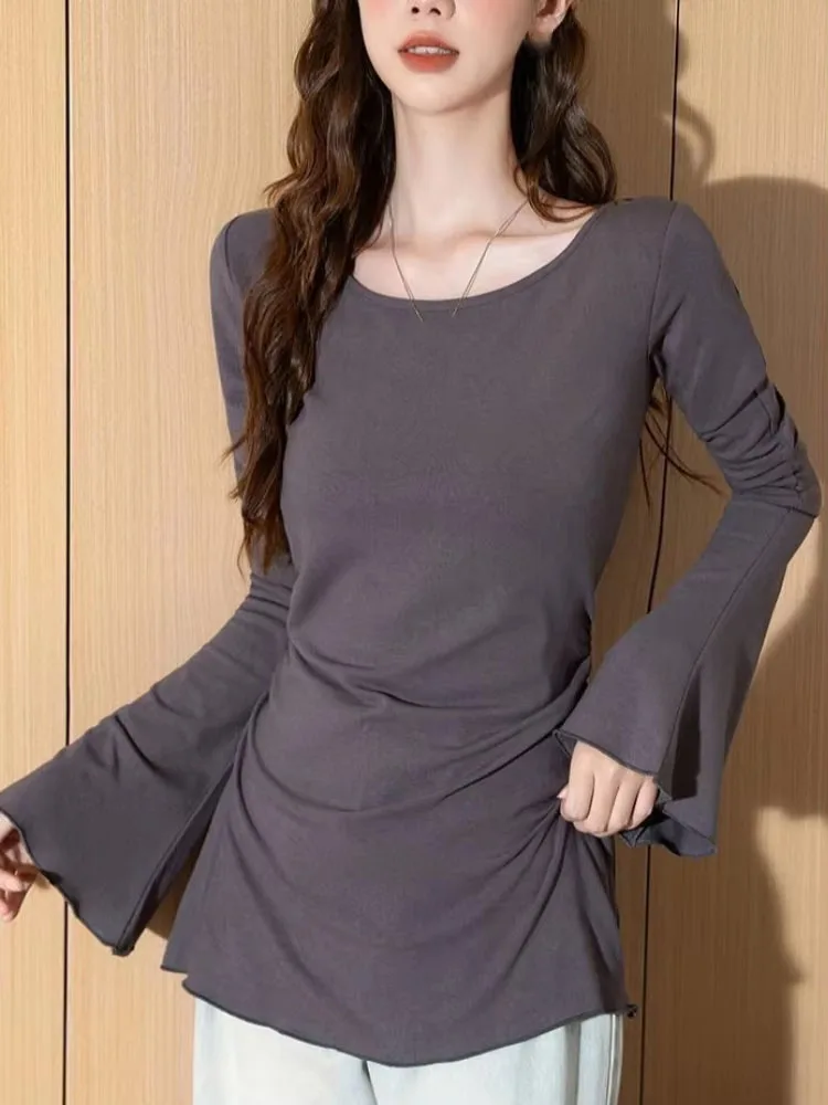 Y2k Spicy Girl Style T Shirts Flare Sleeve Solid Color Female Slim Tops Spring Autumn New Tees All Match Women's Clothing