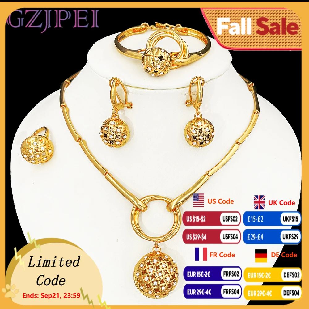

GZJPEI Dubai 18K Gold Plated Jewelry Set Classic Design Round Beads Earrings Necklace Bracelet Ring Fine Zircon Jewellery Gift