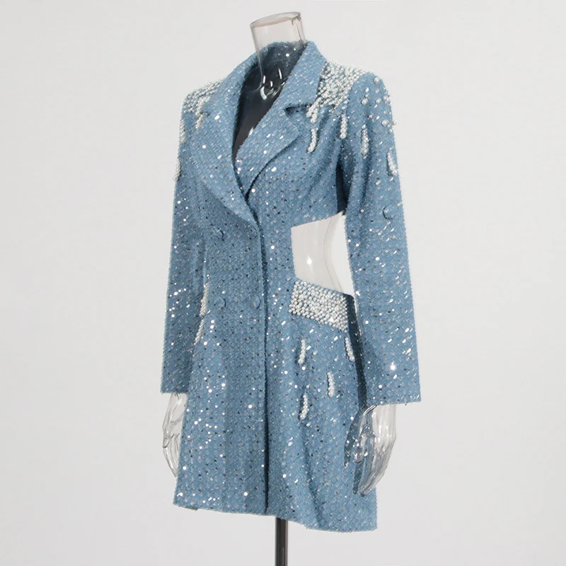 فستان نسائي مطرز بالترتر لؤلؤي فستان نسائي ربيعي بخصر طويل وأكمام طويلة فستان قصير أنيق للحفلات سترة ضيقة 2026