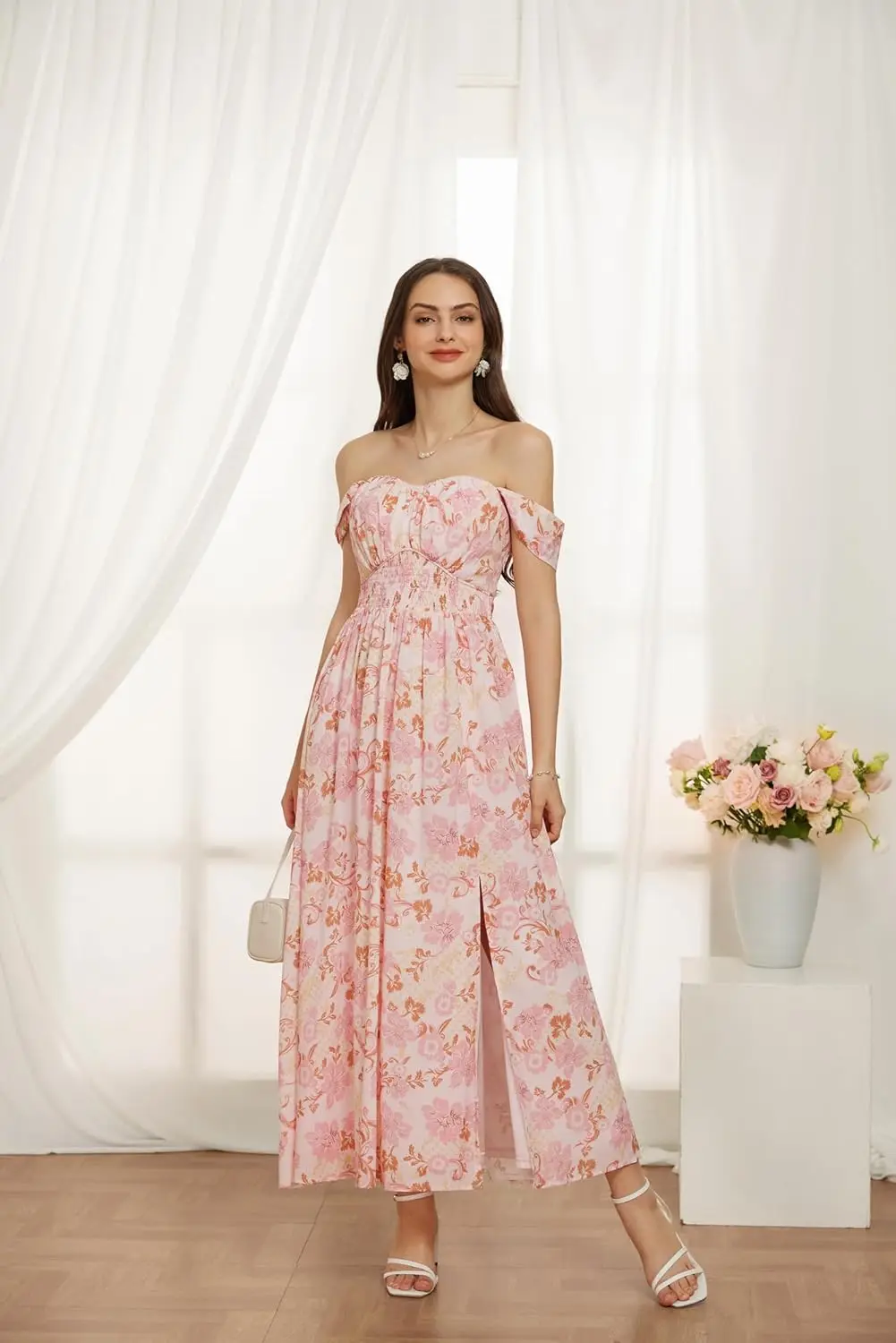 2025 Abito estivo da donna con stampa floreale fluida A Line maxi abito senza maniche con spalle scoperte