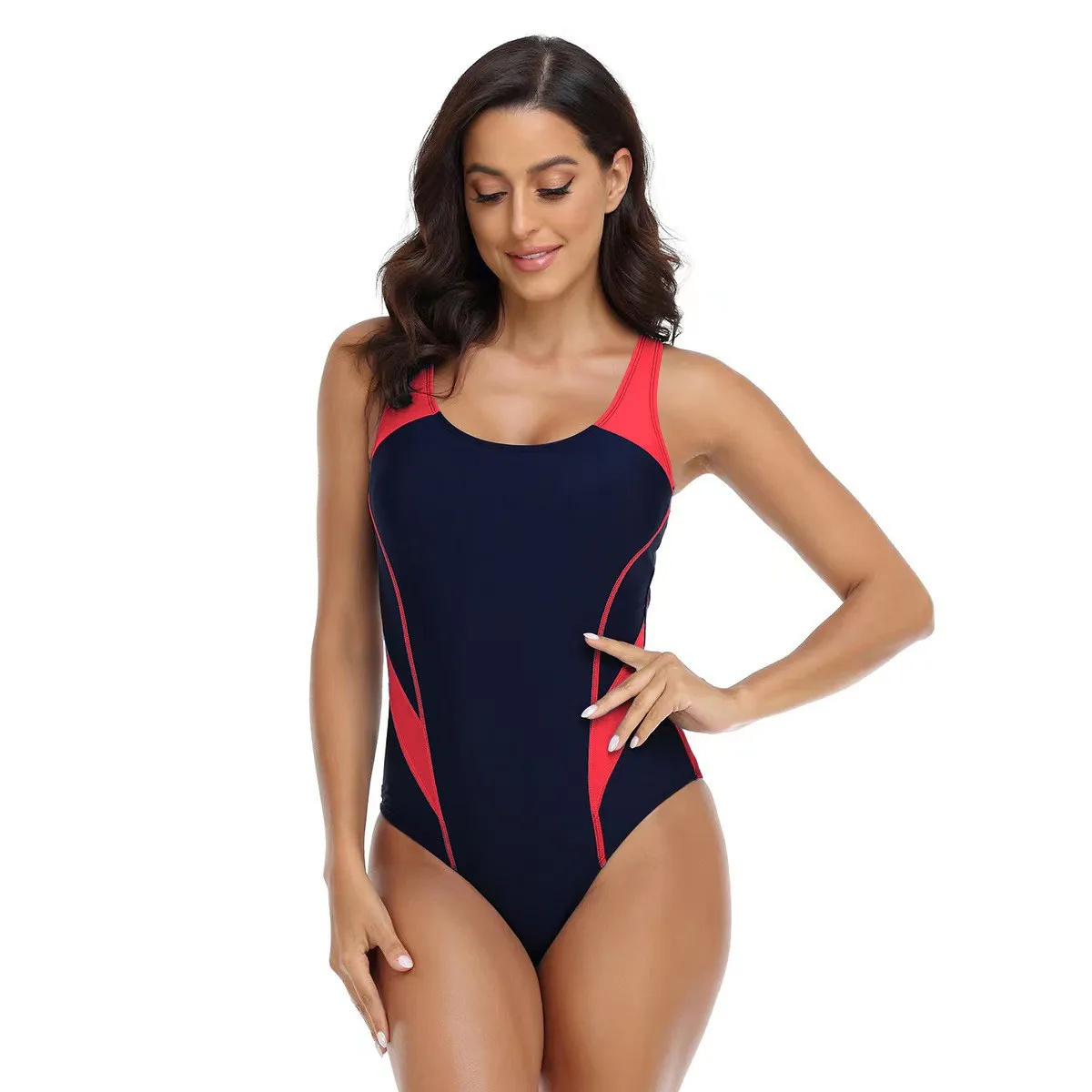 Woman Sleeveless Scoop Neck Swimsuit Navy Blue High Cut Legs Bathing Suit Black Open Back Swimwear Red Accent Contrast Trim