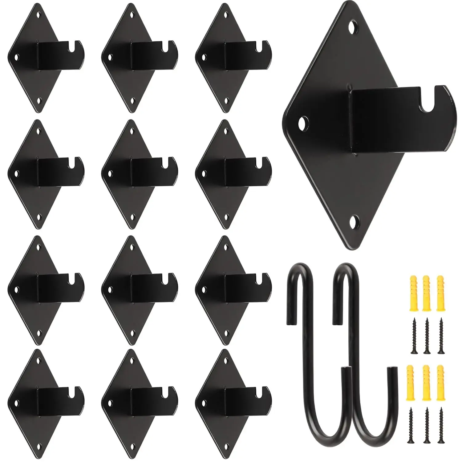 Gridwall Mount Brackets Black, 25 Pcs Diamond shaped hanging hooks with Screws and S Hooks kitchen wall hanging hangers, bathroo