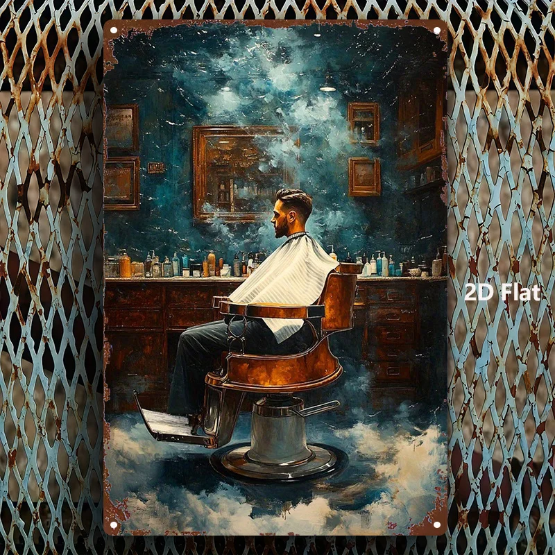 2D Flat, 1pc, Metal Sign, vintage barbershop scene tin sign decoration, flat printed metal plaque, square iron wall hanging, 8x12 inches (20x30 cm) wall decor, suitable for homes, bars, garages, clubs, restaurants and cafes, perfect room decoration