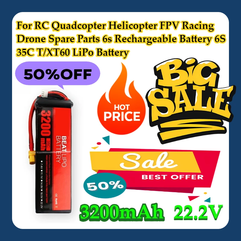 

For RC Quadcopter Helicopter FPV Racing Drone Spare Parts 6s Rechargeable Battery 3200mAh 6S 22.2V 35C T/XT60 LiPo Battery