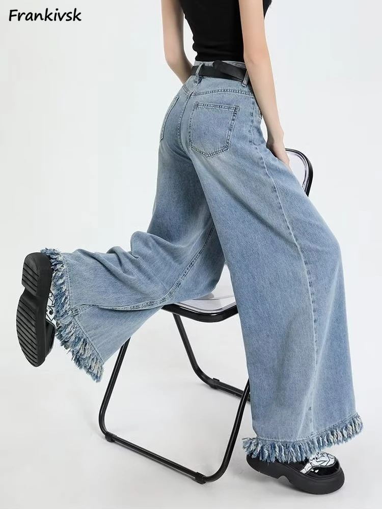 Jeans Women Raw Edge Baggy Aesthetic Advanced Casual Full Length All-match Korean Style Temperment Denim Trousers Autumn Popular