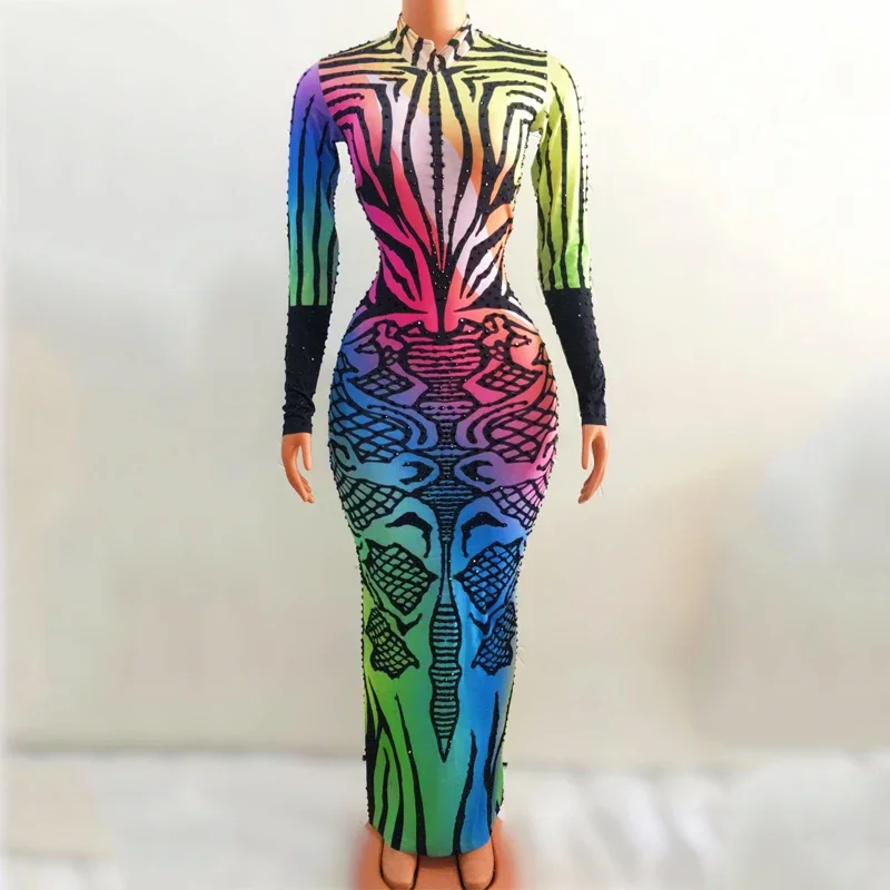 Strass coloridos vestido feminino festa de aniversário celebrar roupa noite vestidos de baile drag queen trajes palco wear xs5978