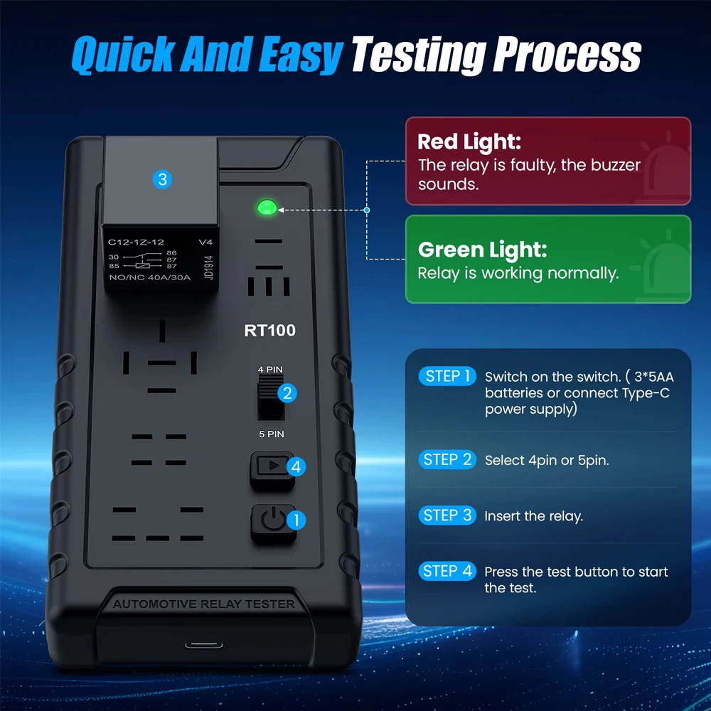RT100 Automotive Relay Tester 12V/24V Car Battery Checker 4Pin/5Pin Electronic Identification Voltage Tester Diagnostic Tool