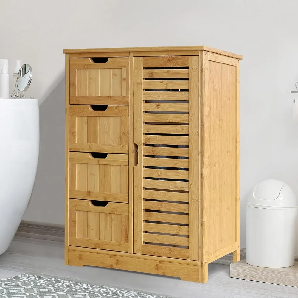 

Bathroom Storage Cabinet with 4 Drawers, Freestanding Bamboo Cabinet with 2 Removable Shelves, Living Room Organizer Storage