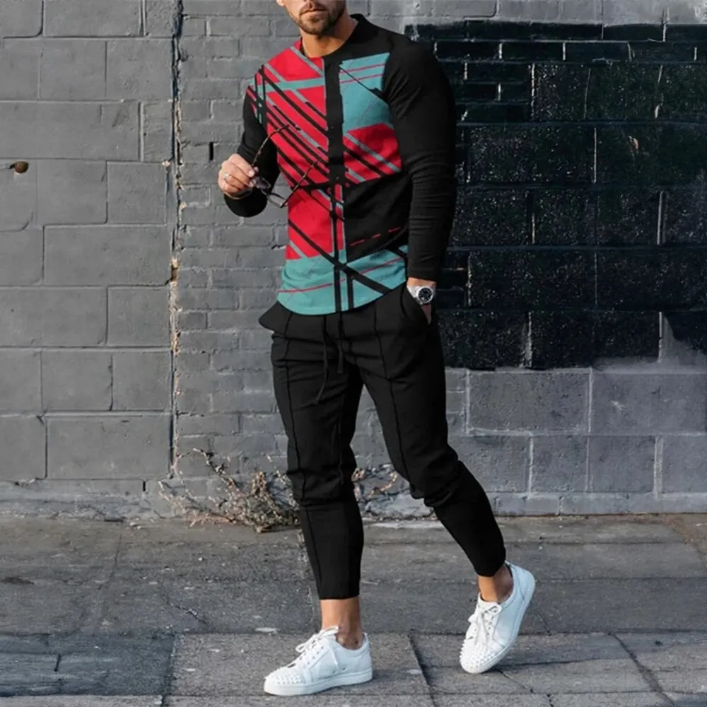 Men\'s Tracksuits O Neck Long Sleeve T-Shirts Trousers Outfit Sportswear Casual Fashion 2 Piece Set Oversized Streetwear Clothing