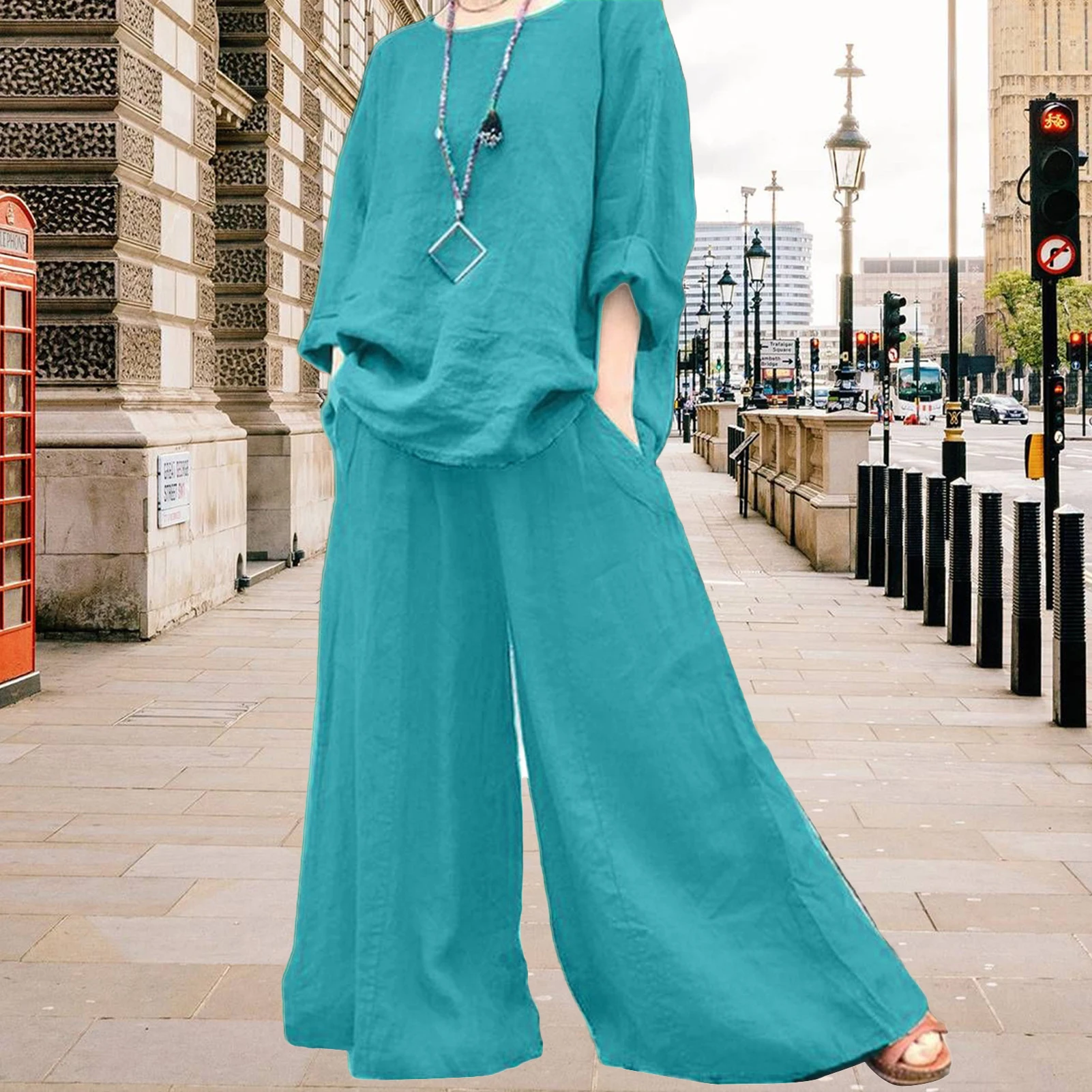 Conjunto de pantalones de lino y algodón para mujer, traje elegante, camisa de manga larga, pantalones de pierna ancha, informal, primavera, verano