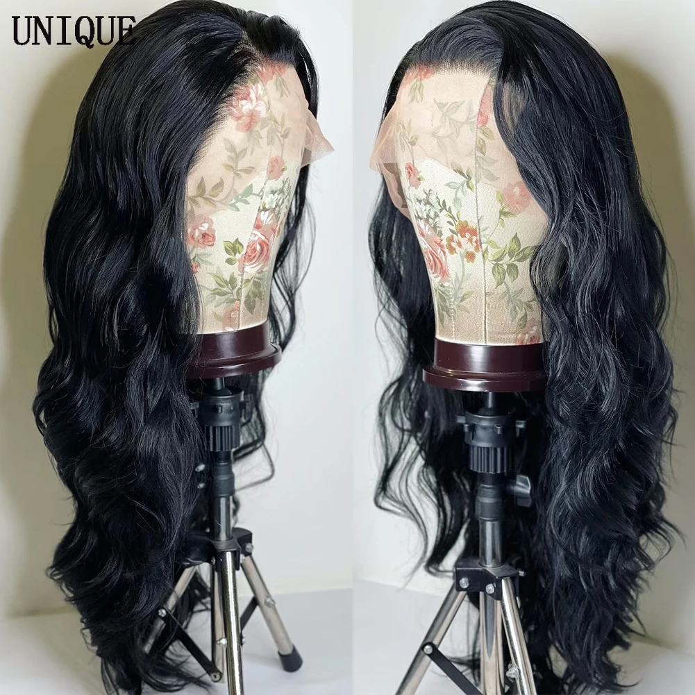 Perucas sintéticas frente de renda para mulheres, cabelo preto, onda corporal, peruca frontal, pré arrancada, linha fina natural, cabelo de bebê